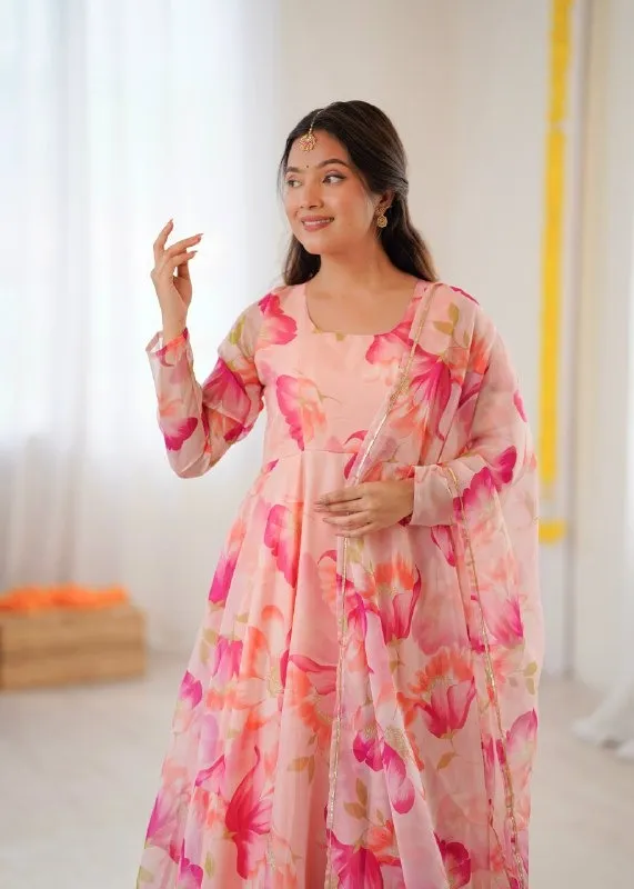 Pink Floral Printed Big Flair Gown