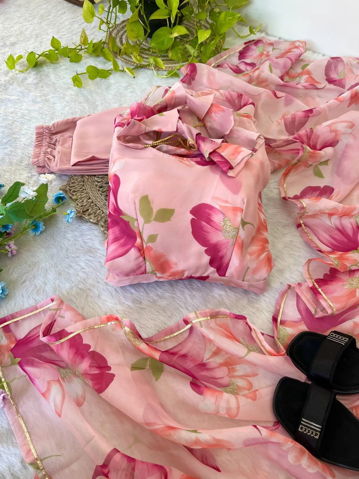 Pink Floral Printed Big Flair Gown