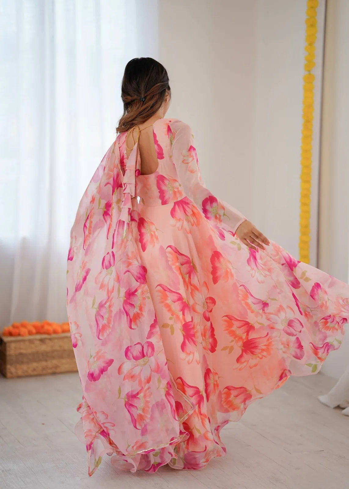 Pink Floral Printed Big Flair Gown