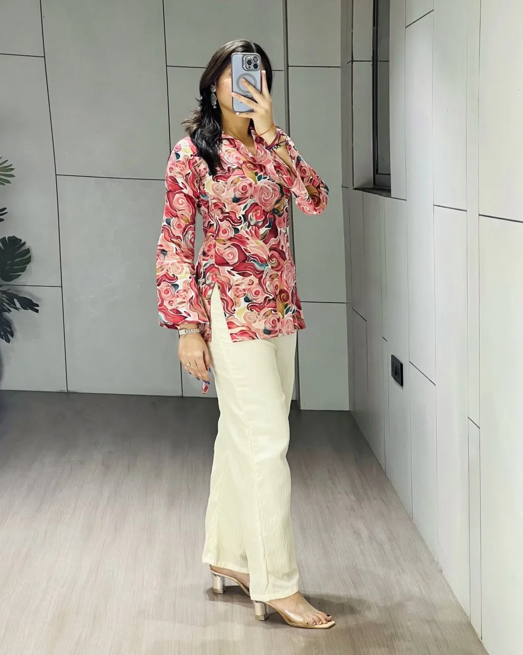 Cotton Printed Short Top with Plazzo Cherry