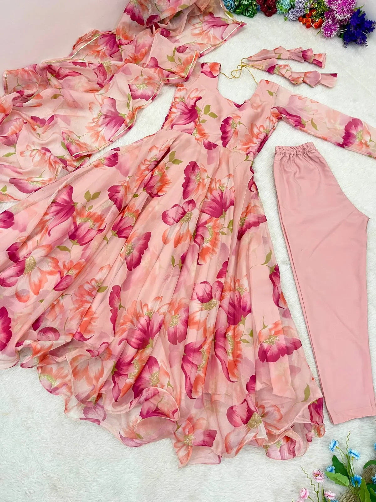 Pink Floral Printed Big Flair Gown