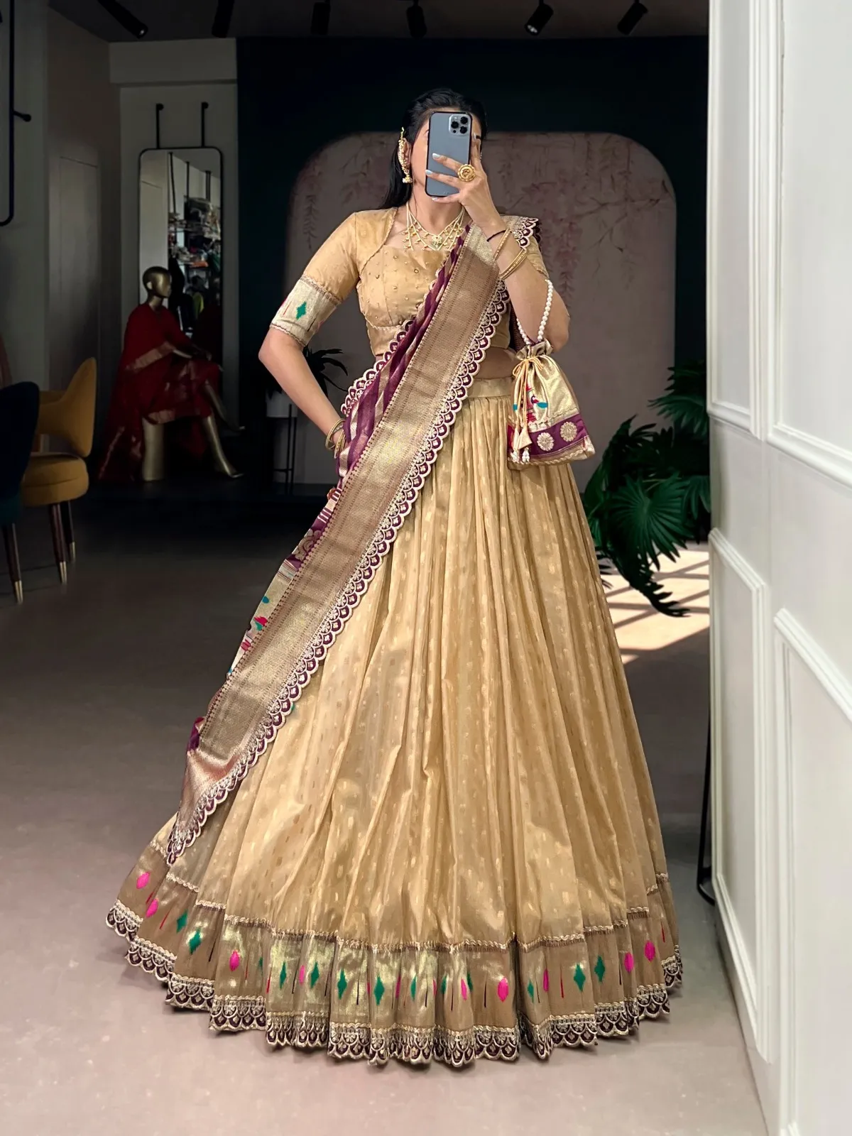 Creme Wedding Lehenga Choli with Paithani Dupatta