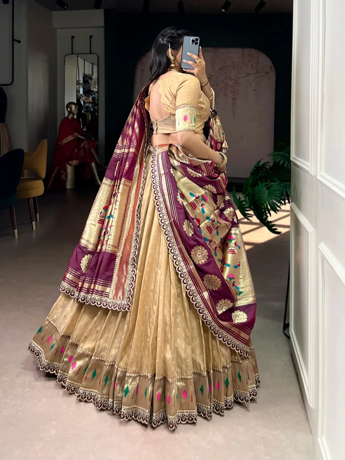 Creme Wedding Lehenga Choli with Paithani Dupatta