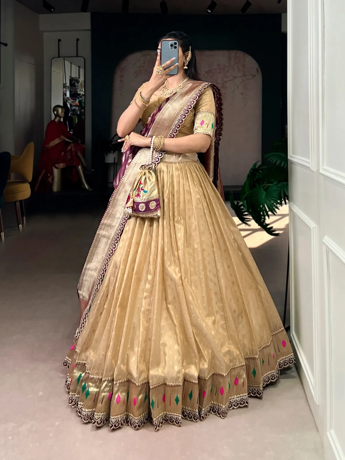 Creme Wedding Lehenga Choli with Paithani Dupatta