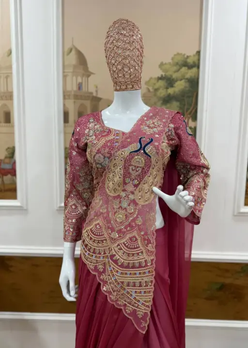 Double Peacock Pallu Readymade Saree Pink Color