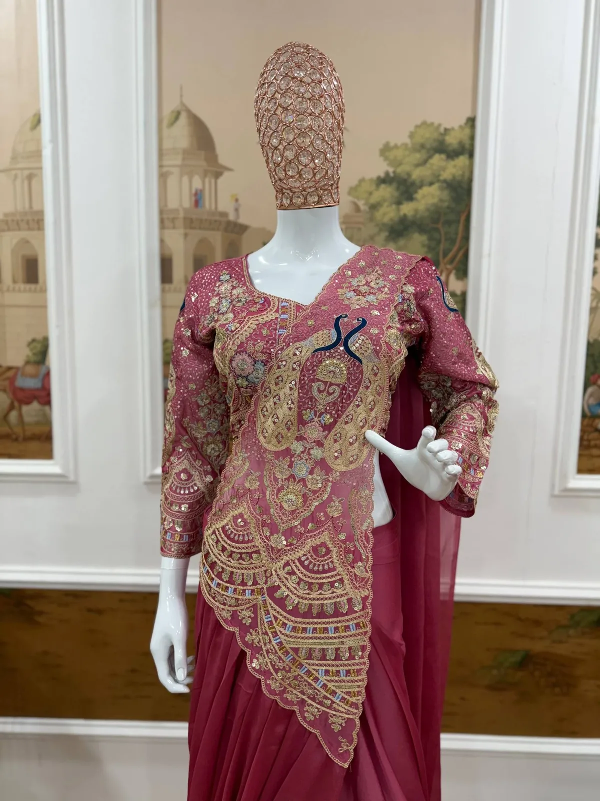 Double Peacock Pallu Readymade Saree Pink Color