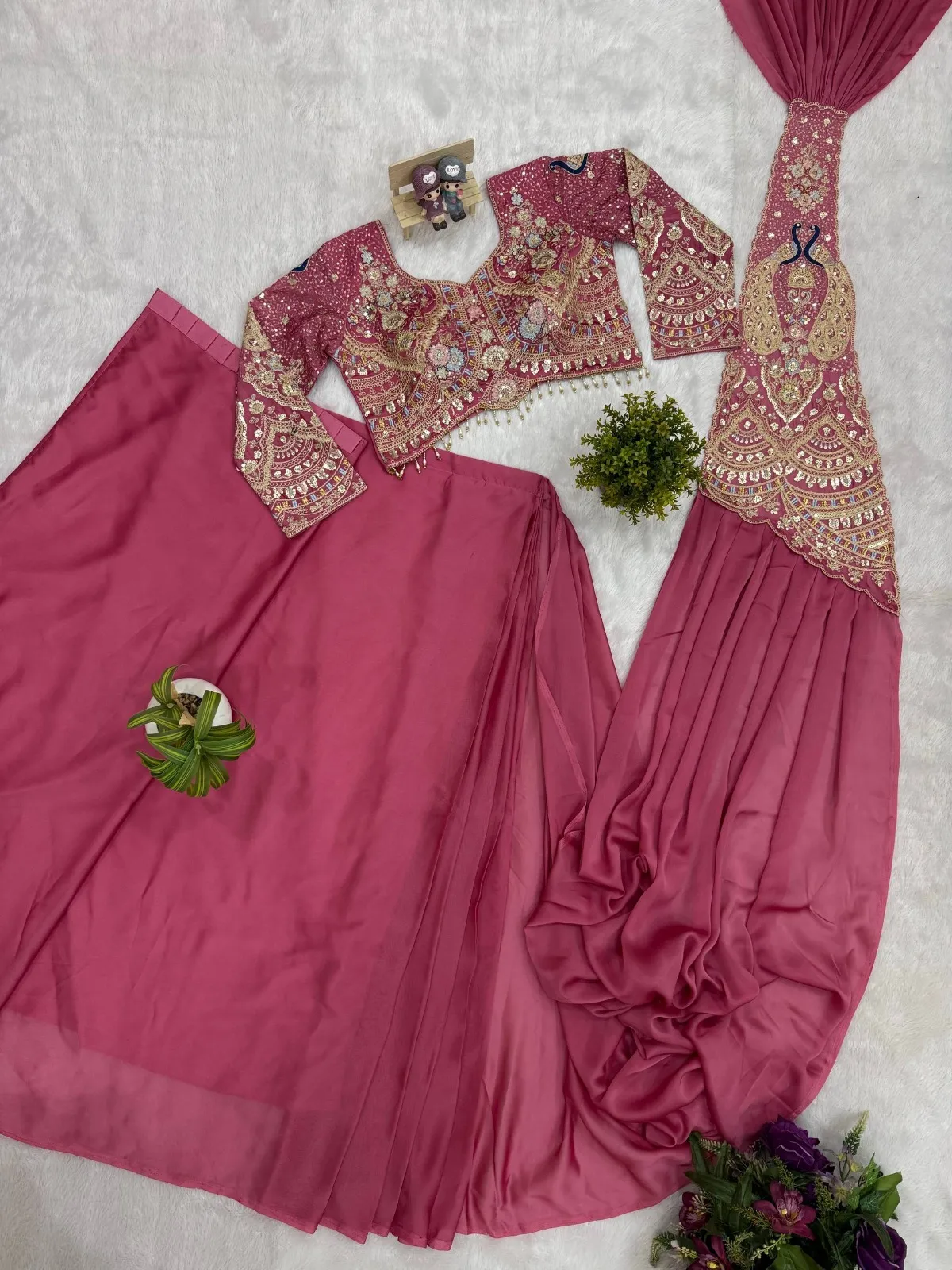 Double Peacock Pallu Readymade Saree Pink Color