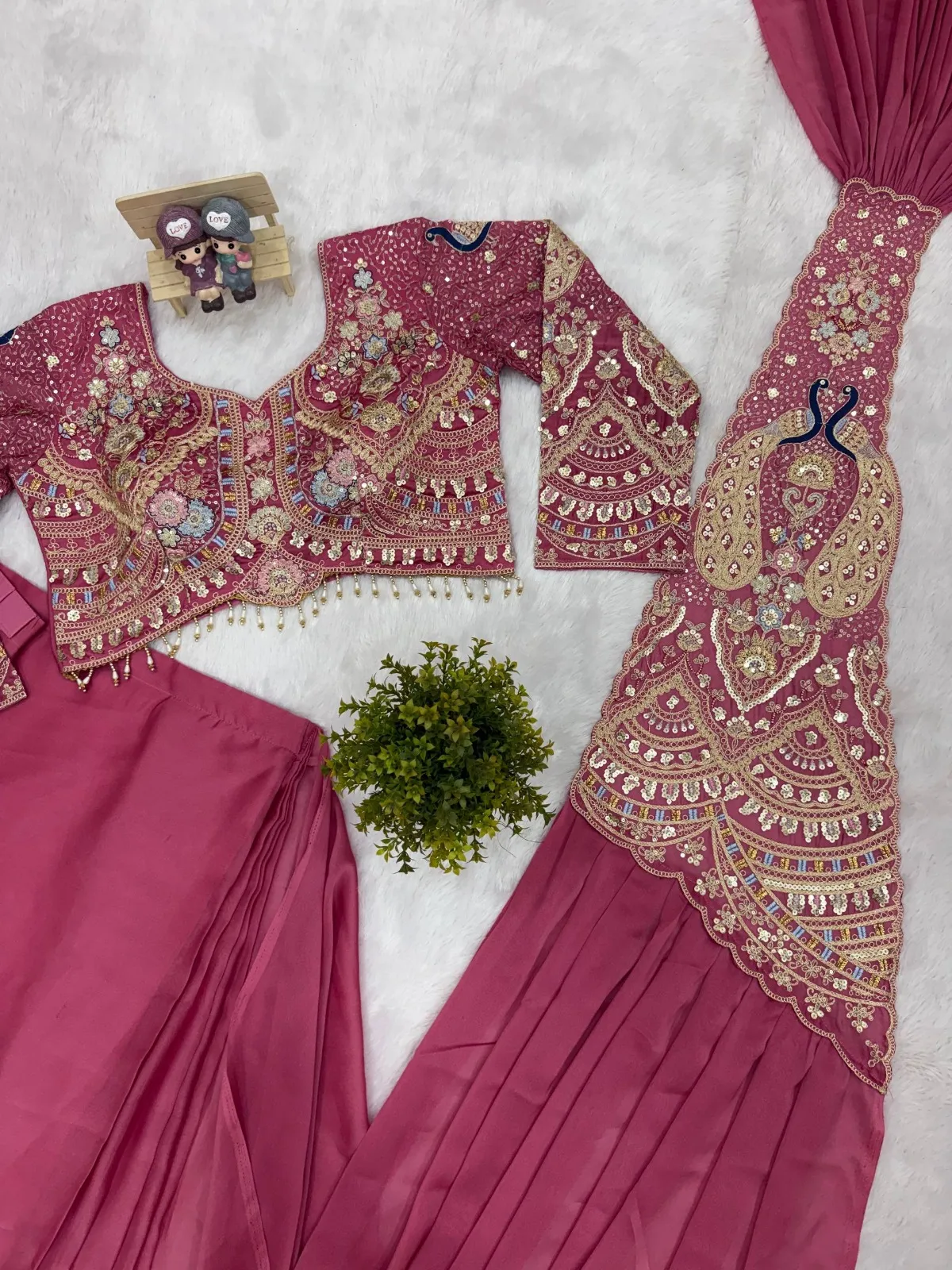 Double Peacock Pallu Readymade Saree Pink Color