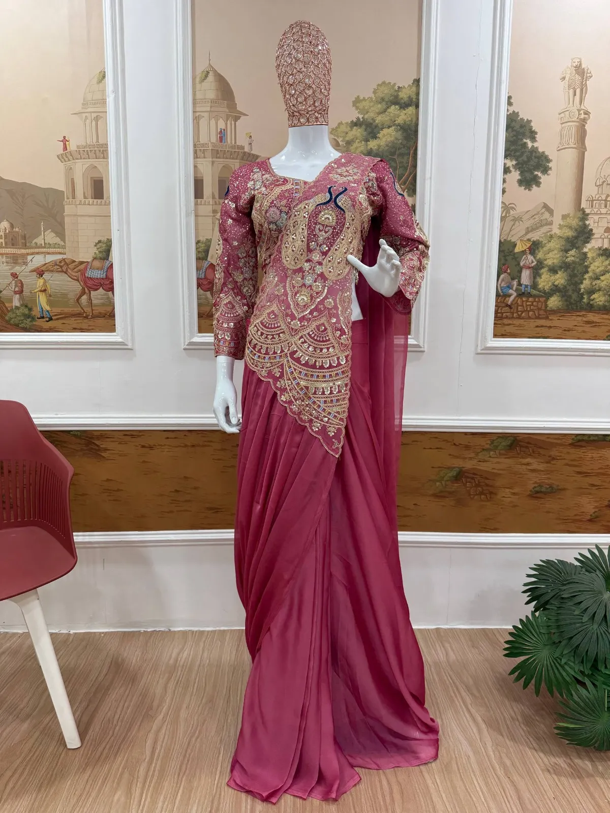 Double Peacock Pallu Readymade Saree Pink Color