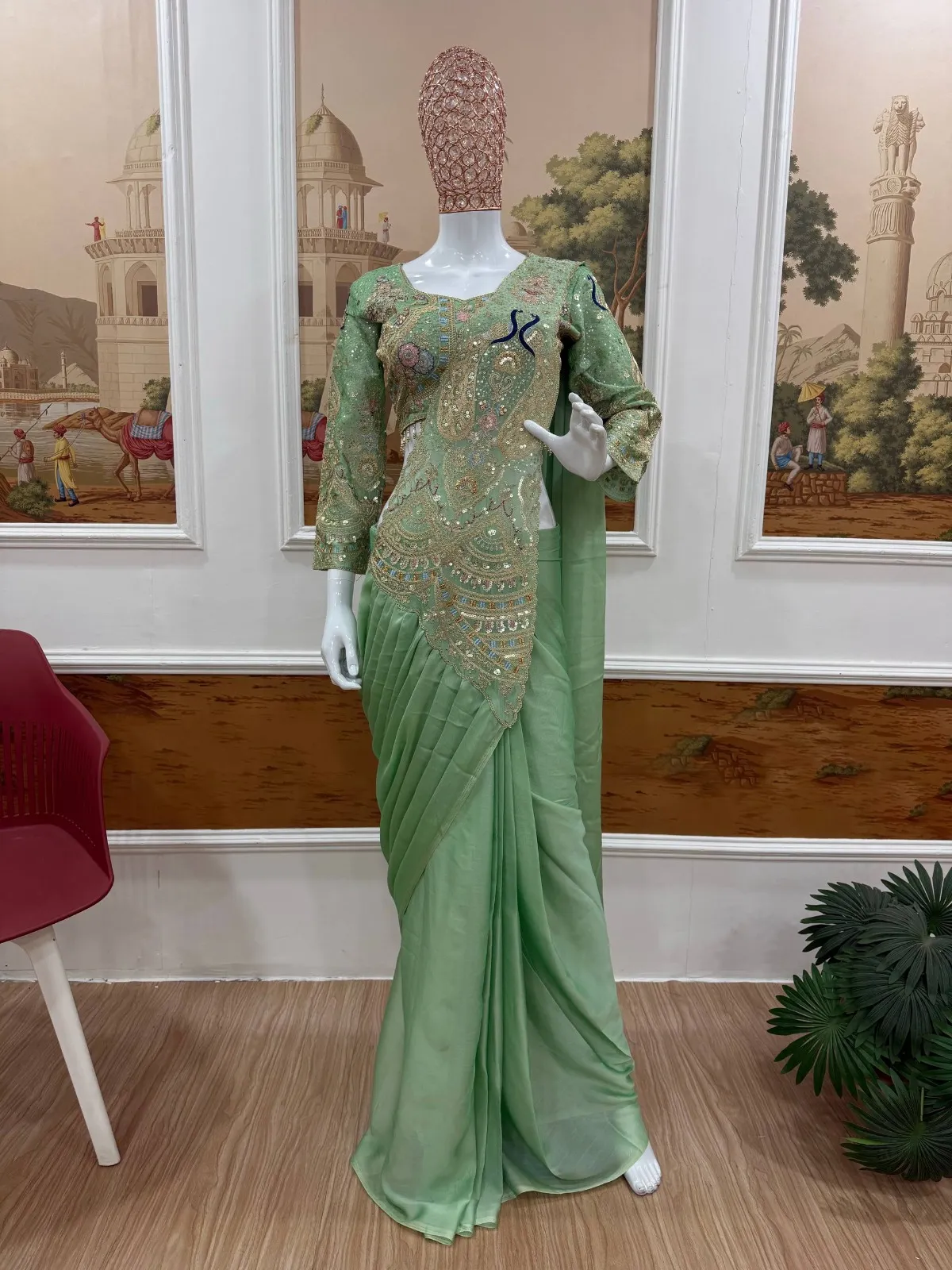 Double Peacock Pallu Readymade Saree Pista