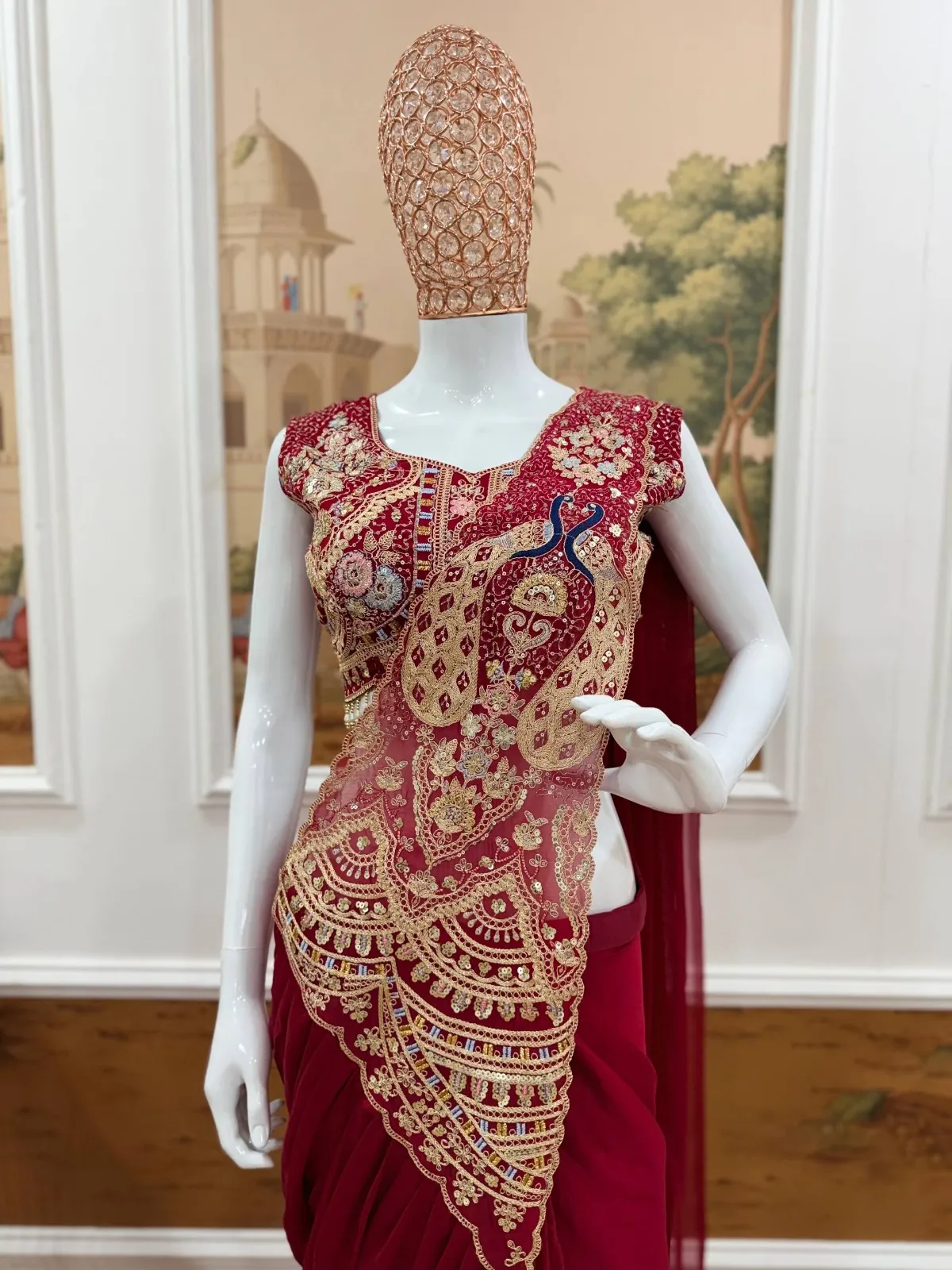 Double Peacock Pallu Readymade Saree Red Color
