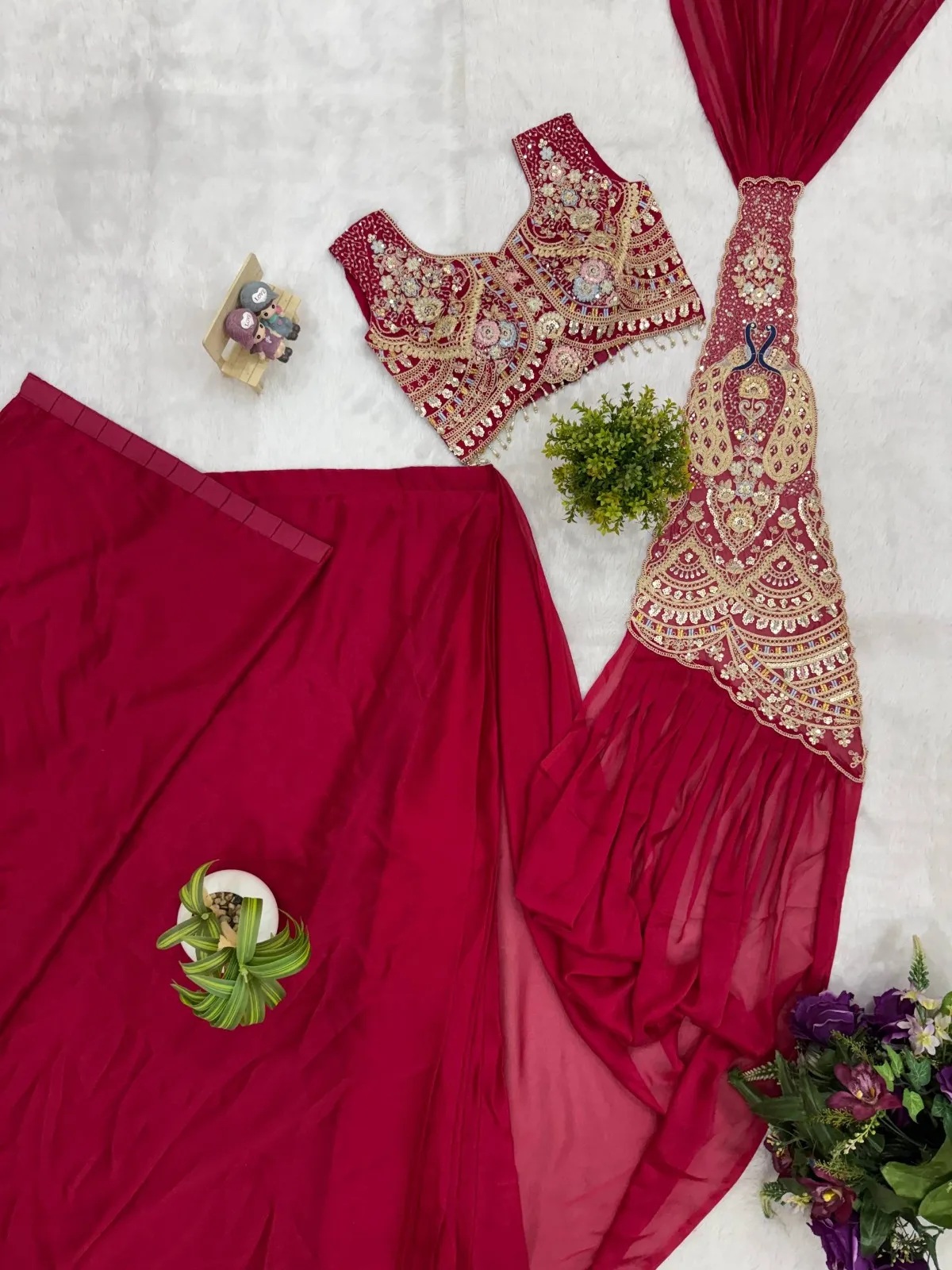 Double Peacock Pallu Readymade Saree Red Color