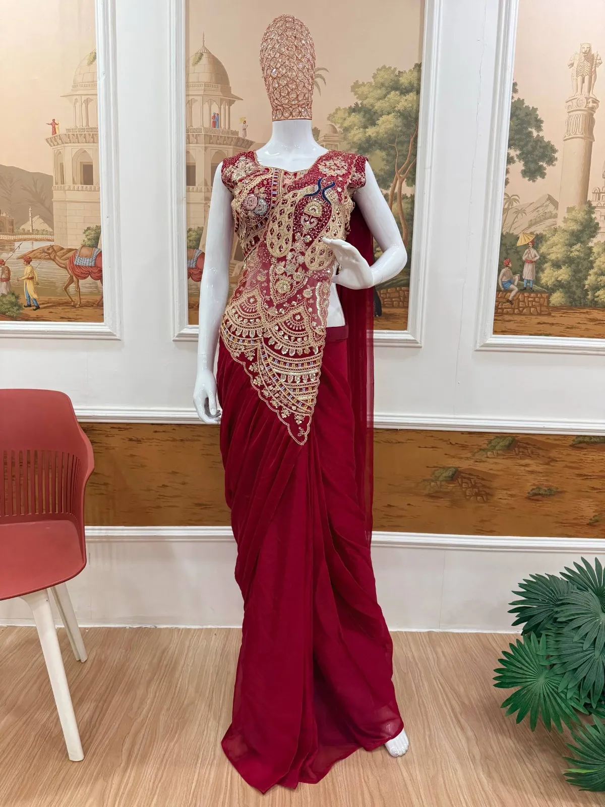 Double Peacock Pallu Readymade Saree Red Color