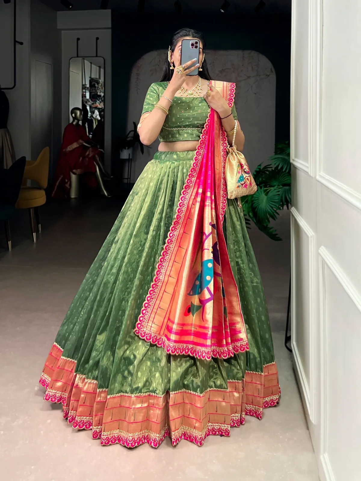 Green 7Color Wedding Lehenga Choli with Paithani Dupatta