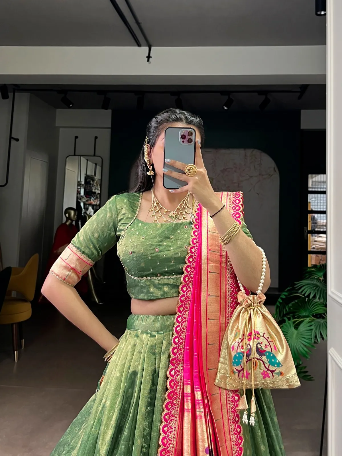 Green 7Color Wedding Lehenga Choli with Paithani Dupatta