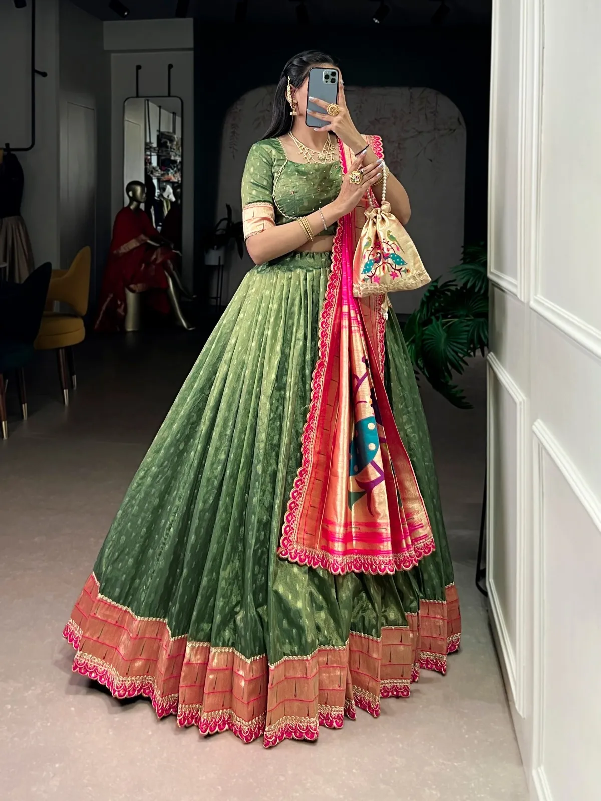 Green 7Color Wedding Lehenga Choli with Paithani Dupatta