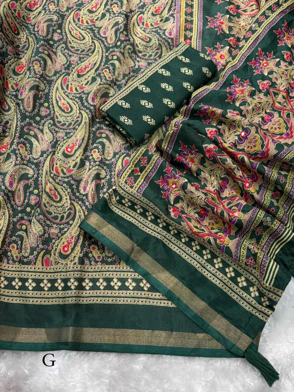 Green Ajrakh Printed Cotton Saree