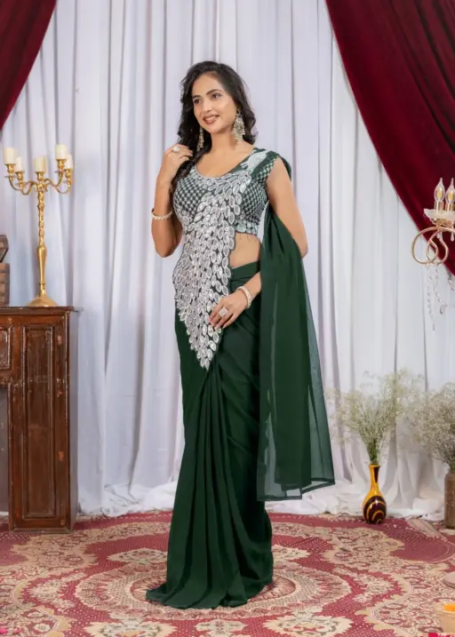 Green Color Peacock Pallu Readymade Saree