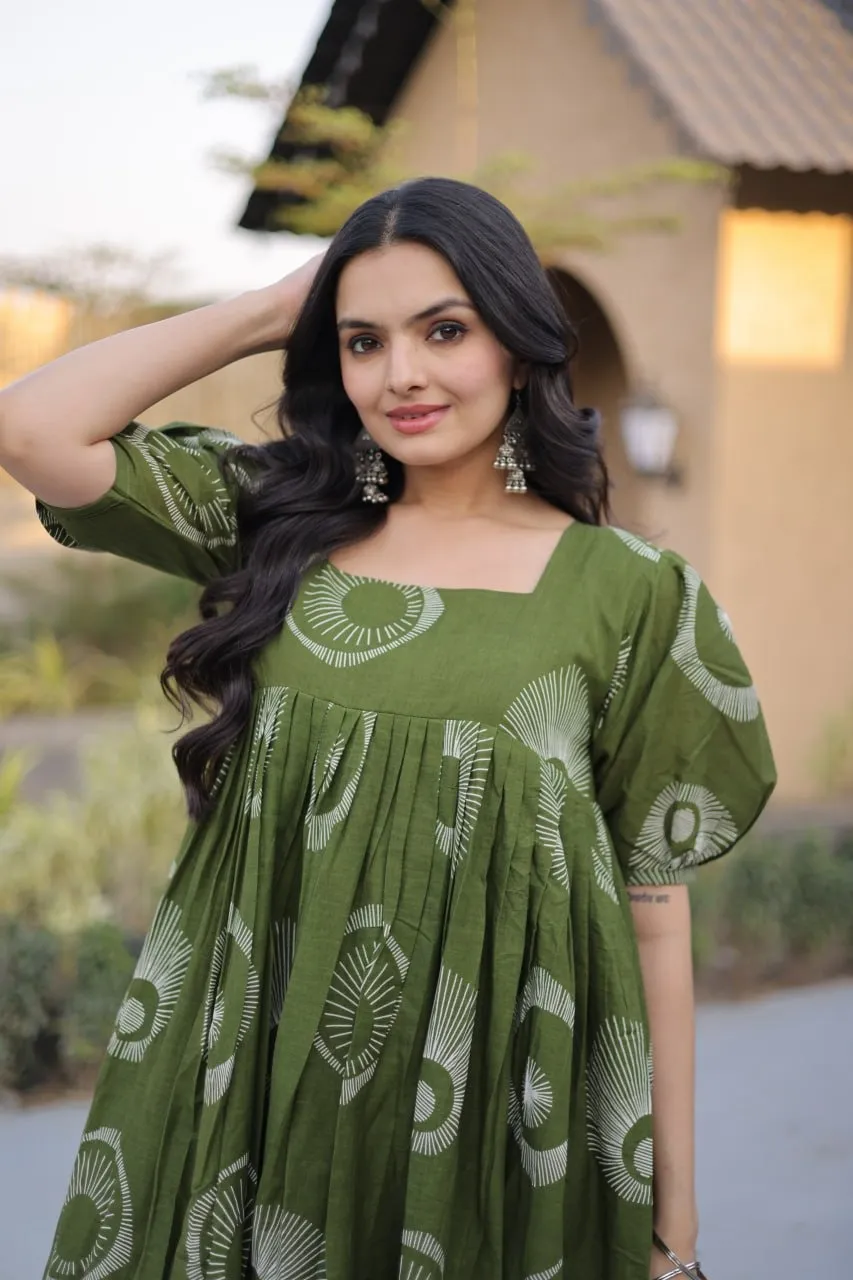 Green Cotton Printed Frill Kurti Frock