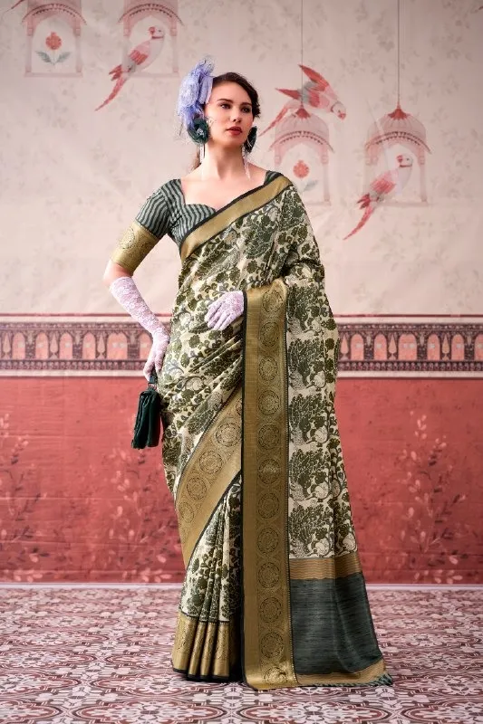 Green Tasar Silk Floral Printed Saree