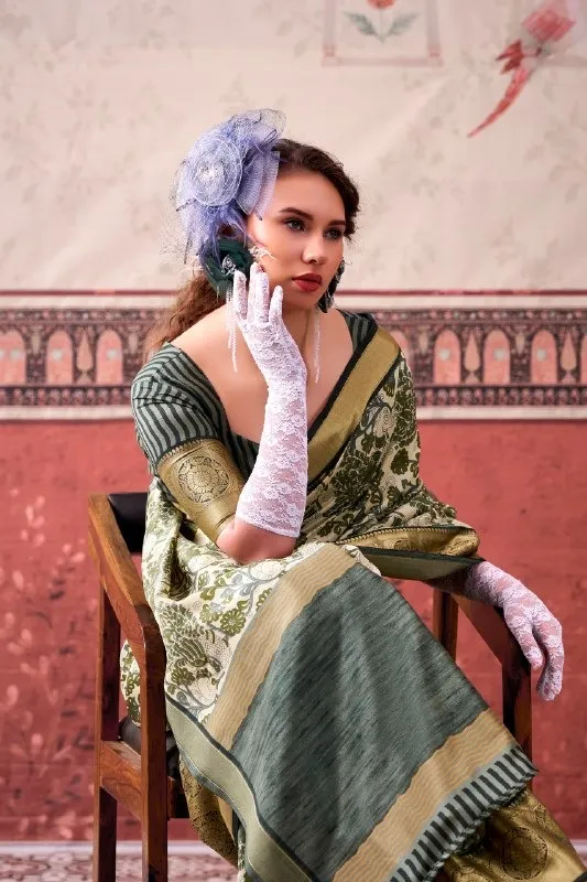 Green Tasar Silk Floral Printed Saree