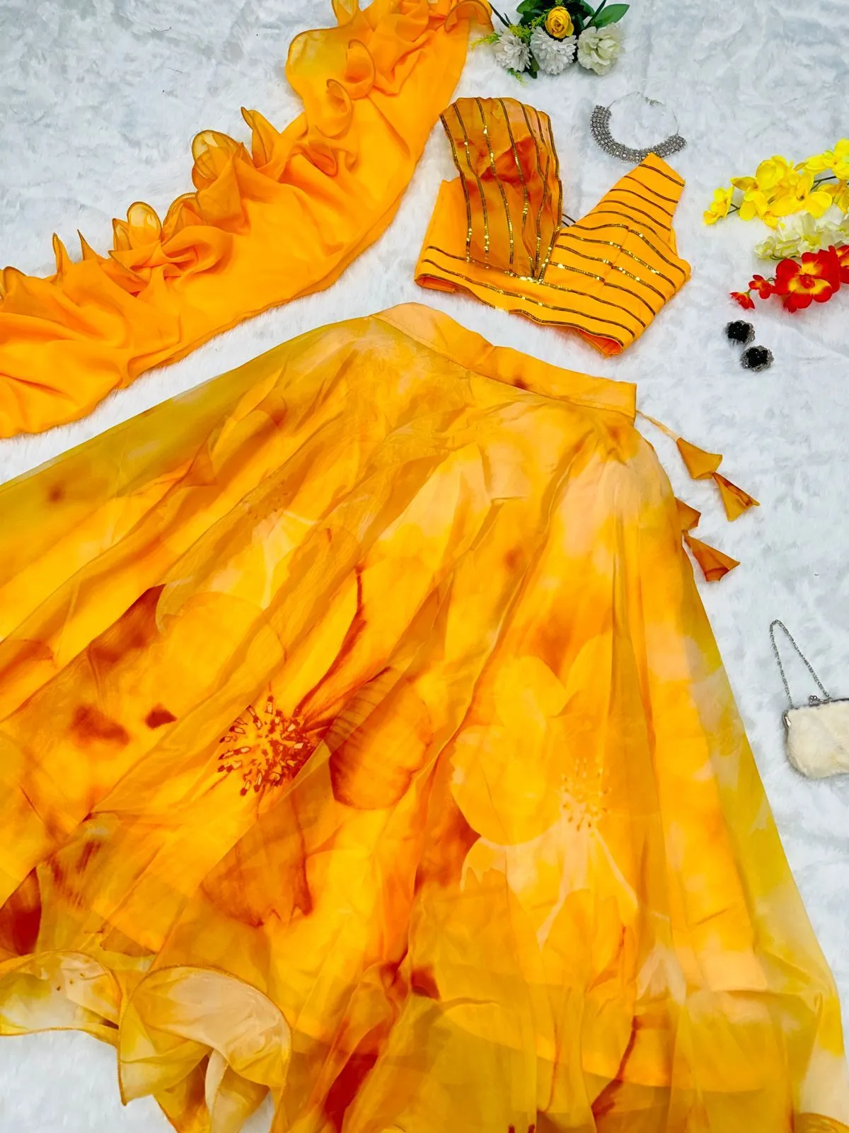 Haldi Special Readymade Fancy Blouse with Floral Lehenga