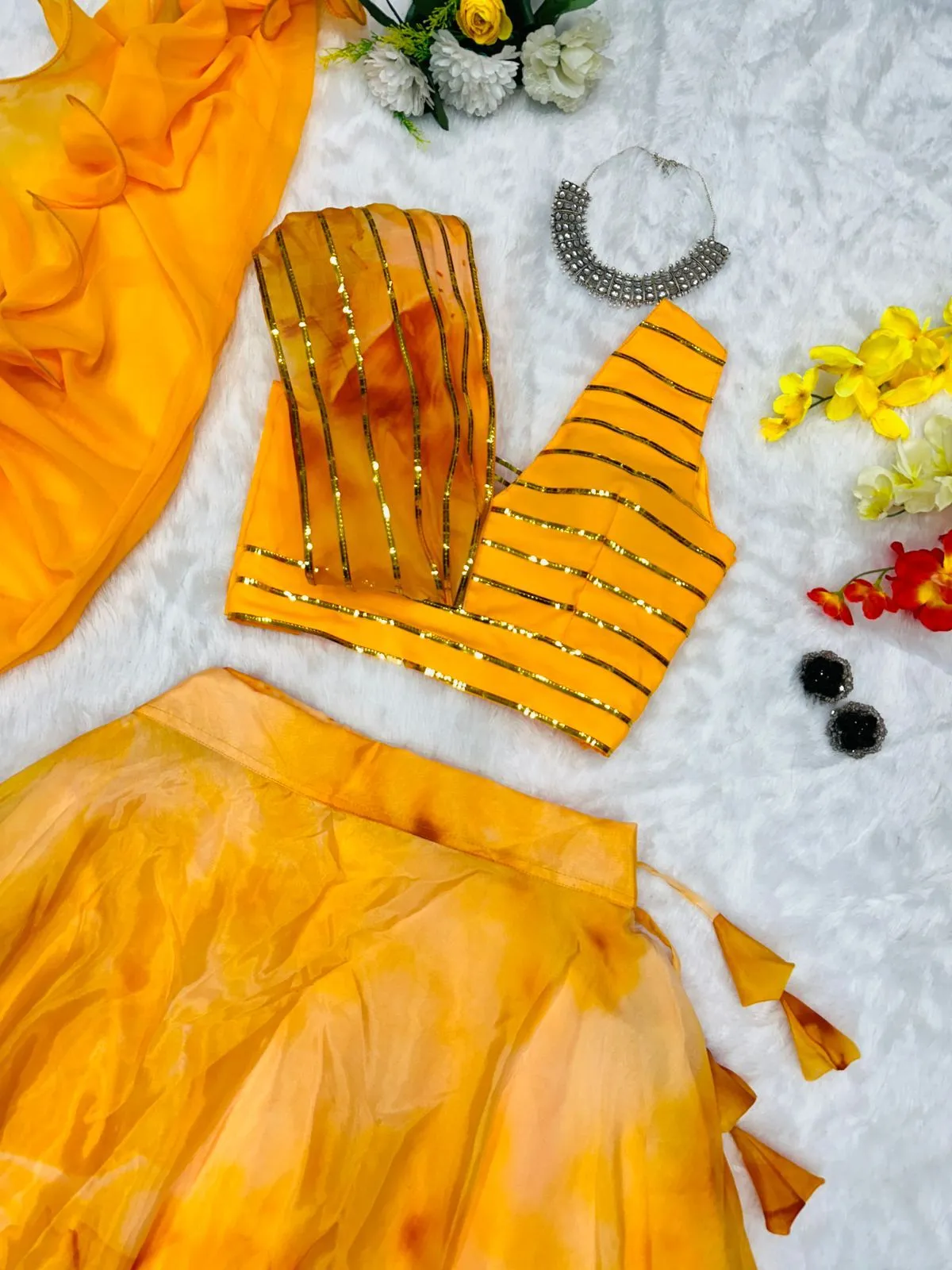 Haldi Special Readymade Fancy Blouse with Floral Lehenga