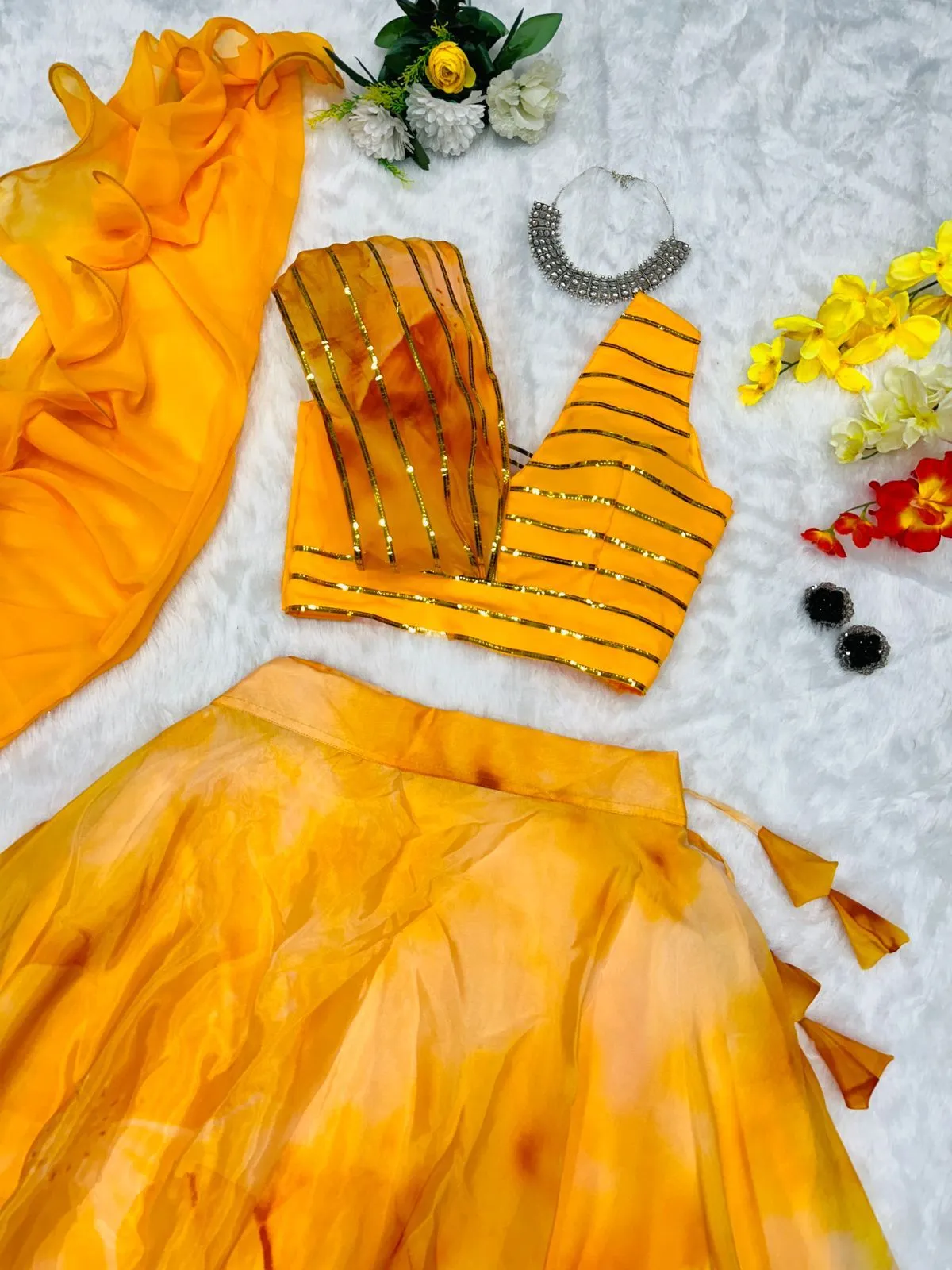 Haldi Special Readymade Fancy Blouse with Floral Lehenga