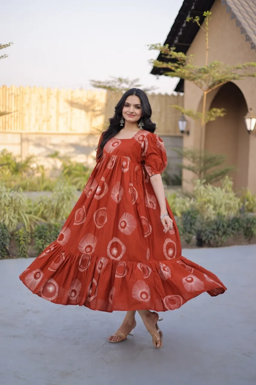 Orange Cotton Printed Frill Kurti Frock