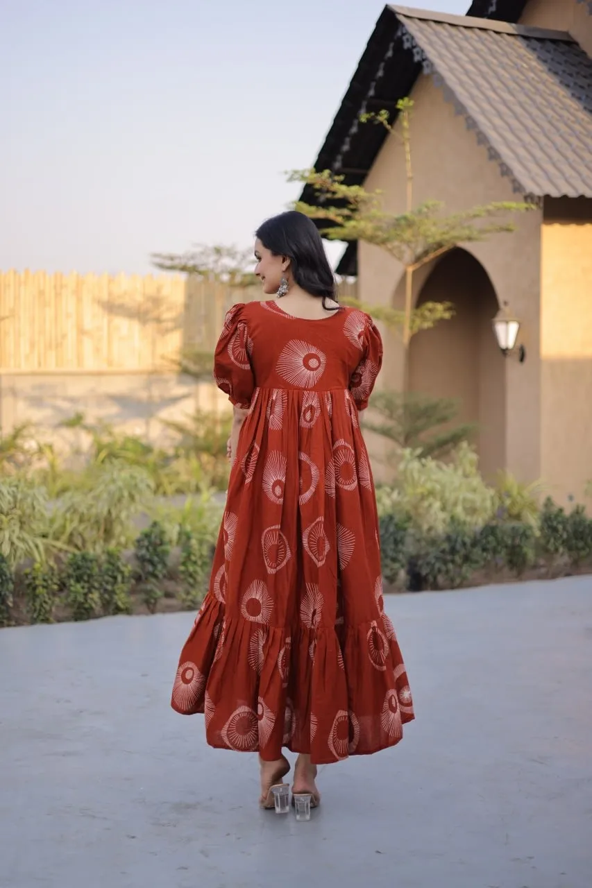 Orange Cotton Printed Frill Kurti Frock