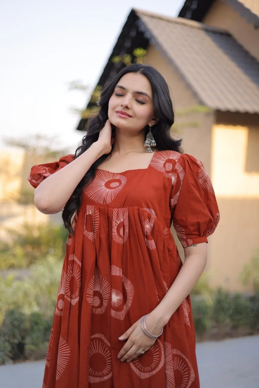 Orange Cotton Printed Frill Kurti Frock