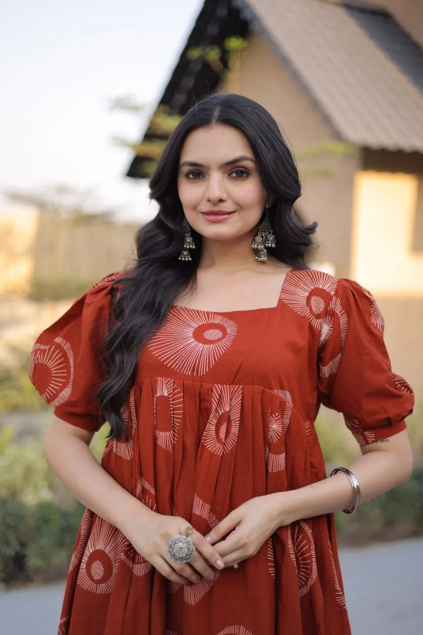Orange Cotton Printed Frill Kurti Frock