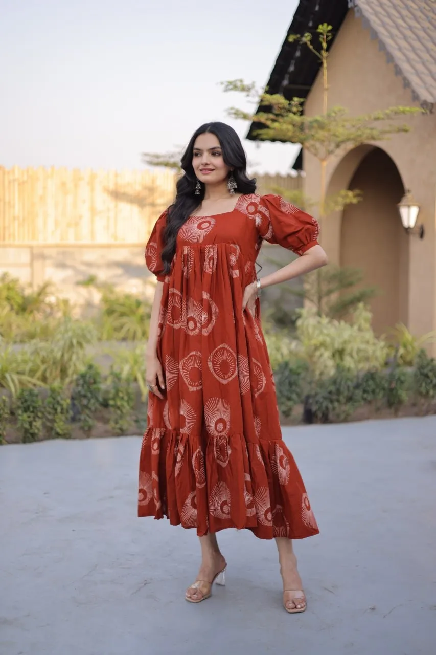 Orange Cotton Printed Frill Kurti Frock