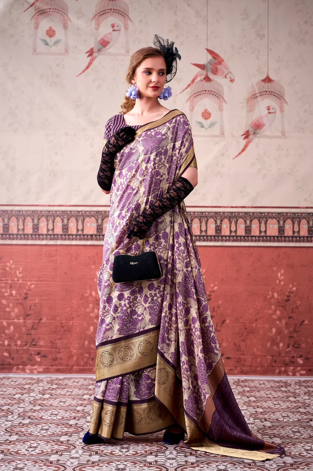 Lavender Tasar Silk Floral Printed Saree