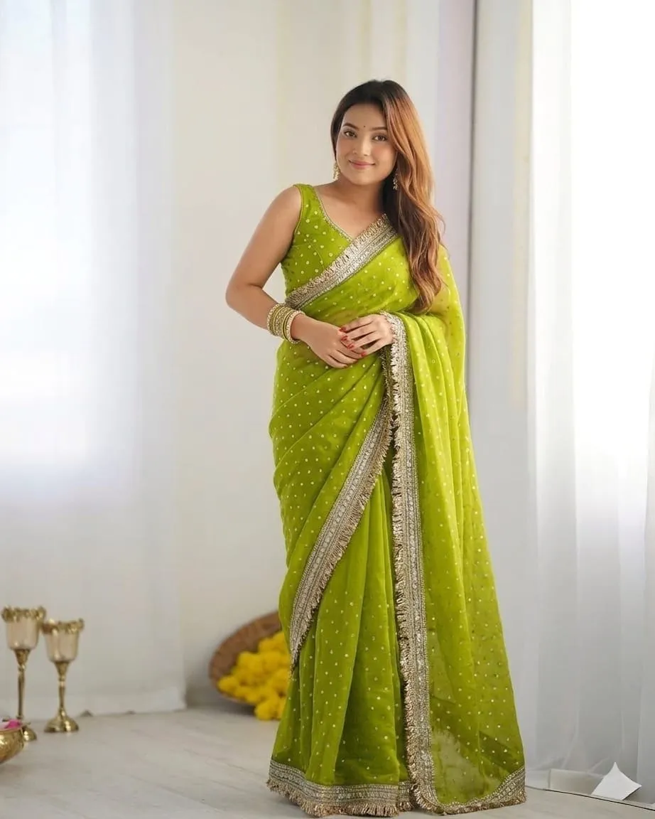 Lime Color Heavy Wedding Wear Saree