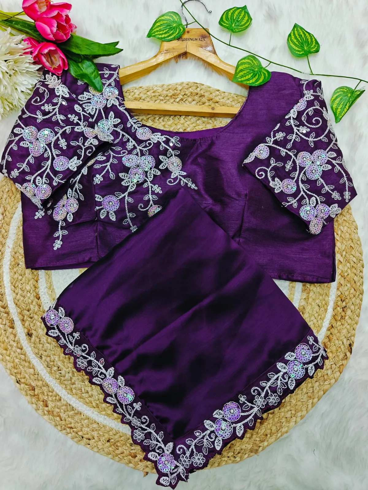 Wedding Wine Color Border Saree with Stitched blouse
