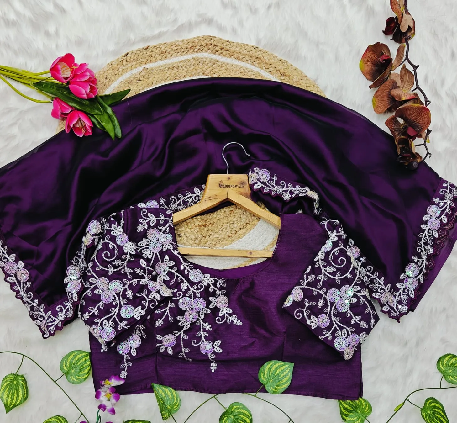 Wedding Wine Color Border Saree with Stitched blouse