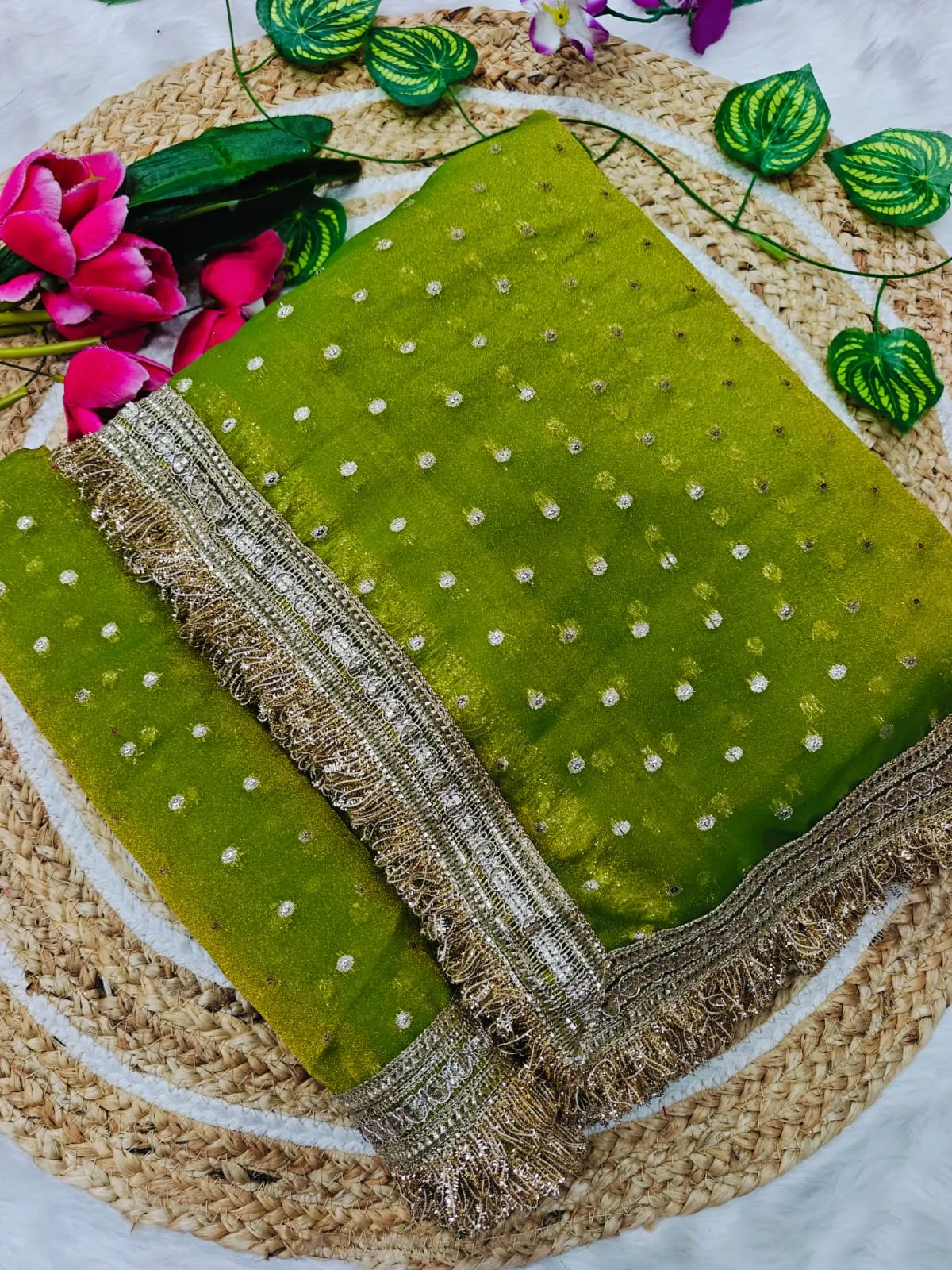 Lime Color Heavy Wedding Wear Saree