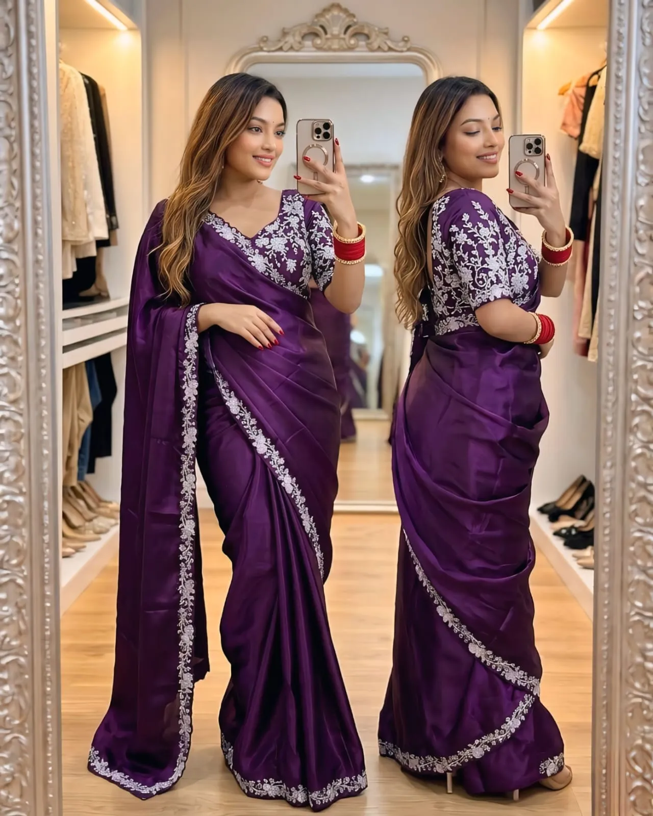 Wedding Wine Color Border Saree with Stitched blouse