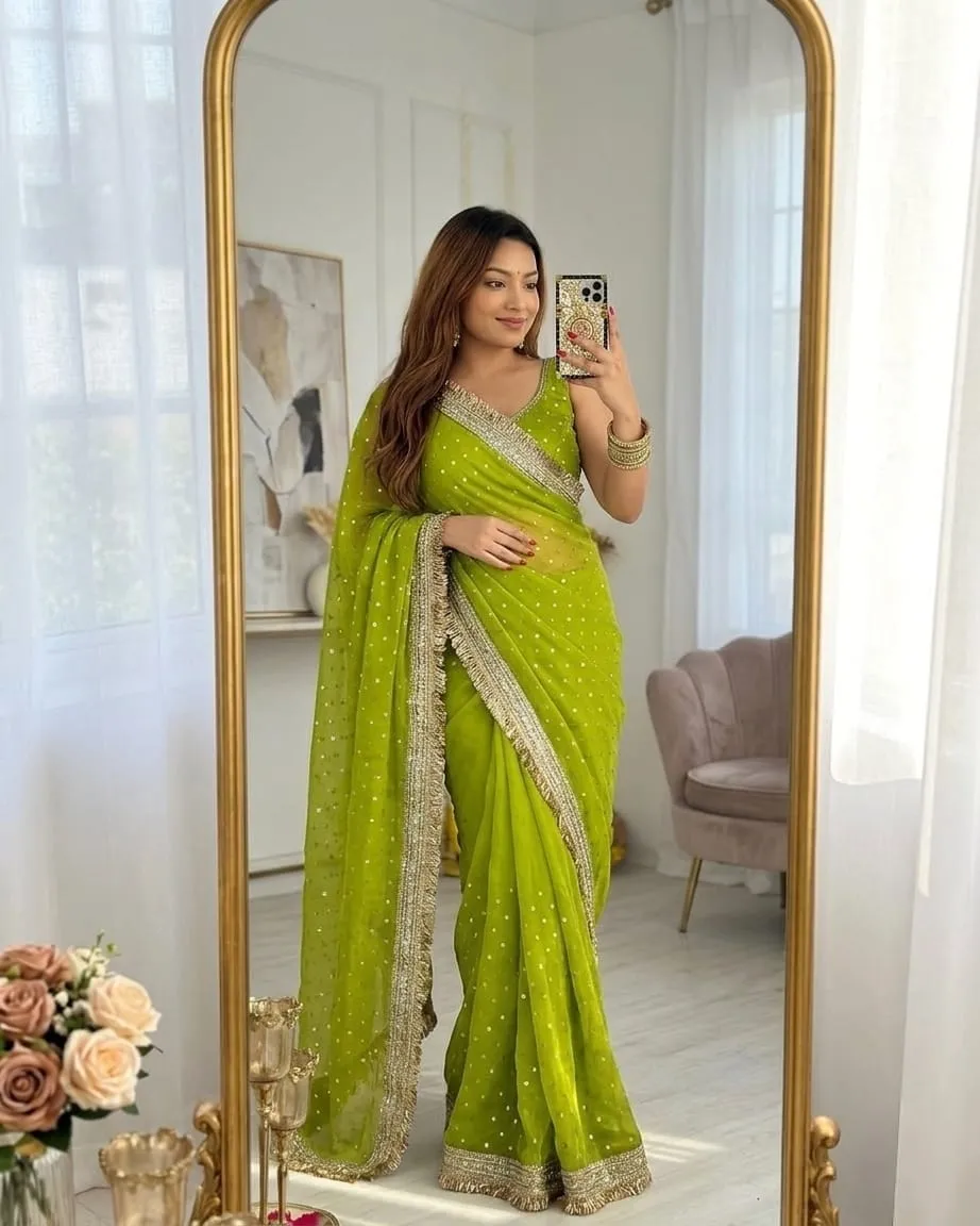 Lime Color Heavy Wedding Wear Saree