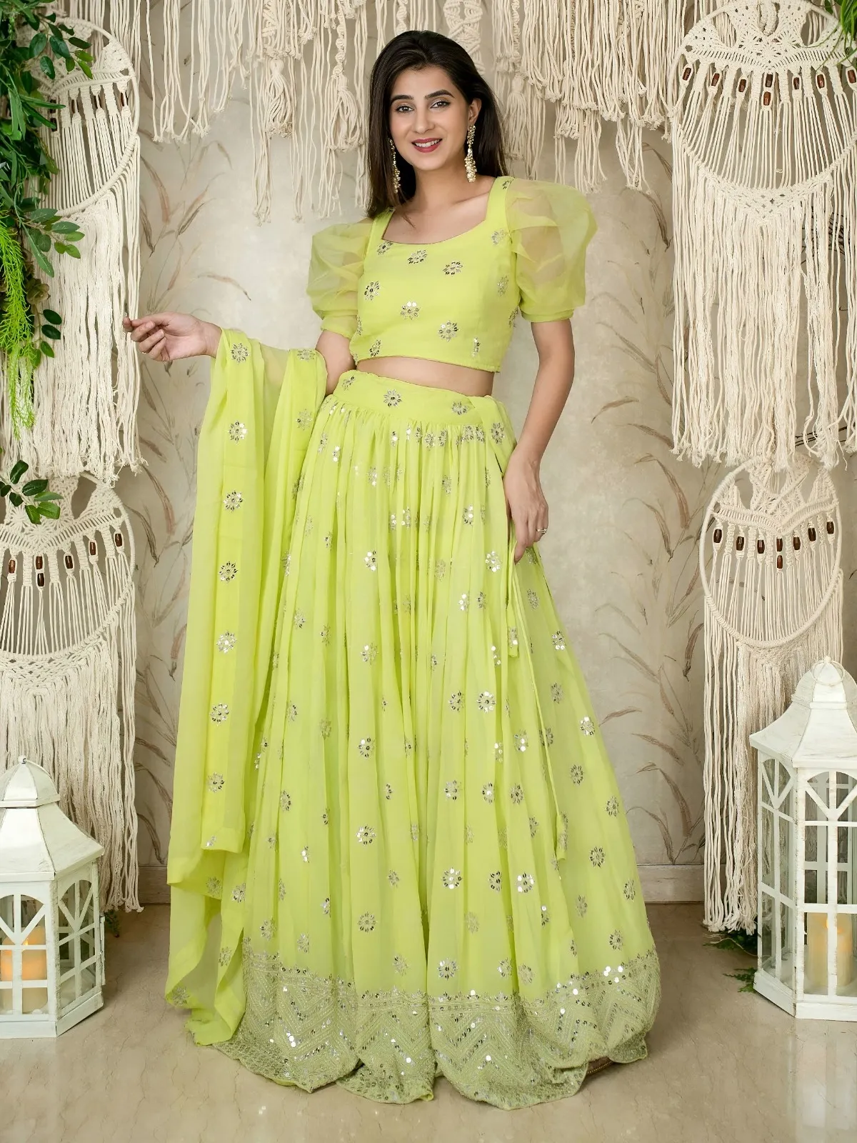 Lime Green Sequins Embroidered Lehenga with Puff Sleeve