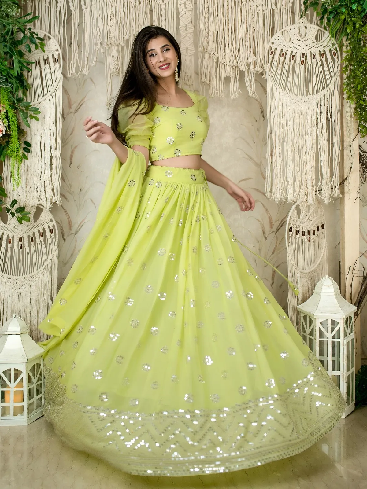 Lime Green Sequins Embroidered Lehenga with Puff Sleeve