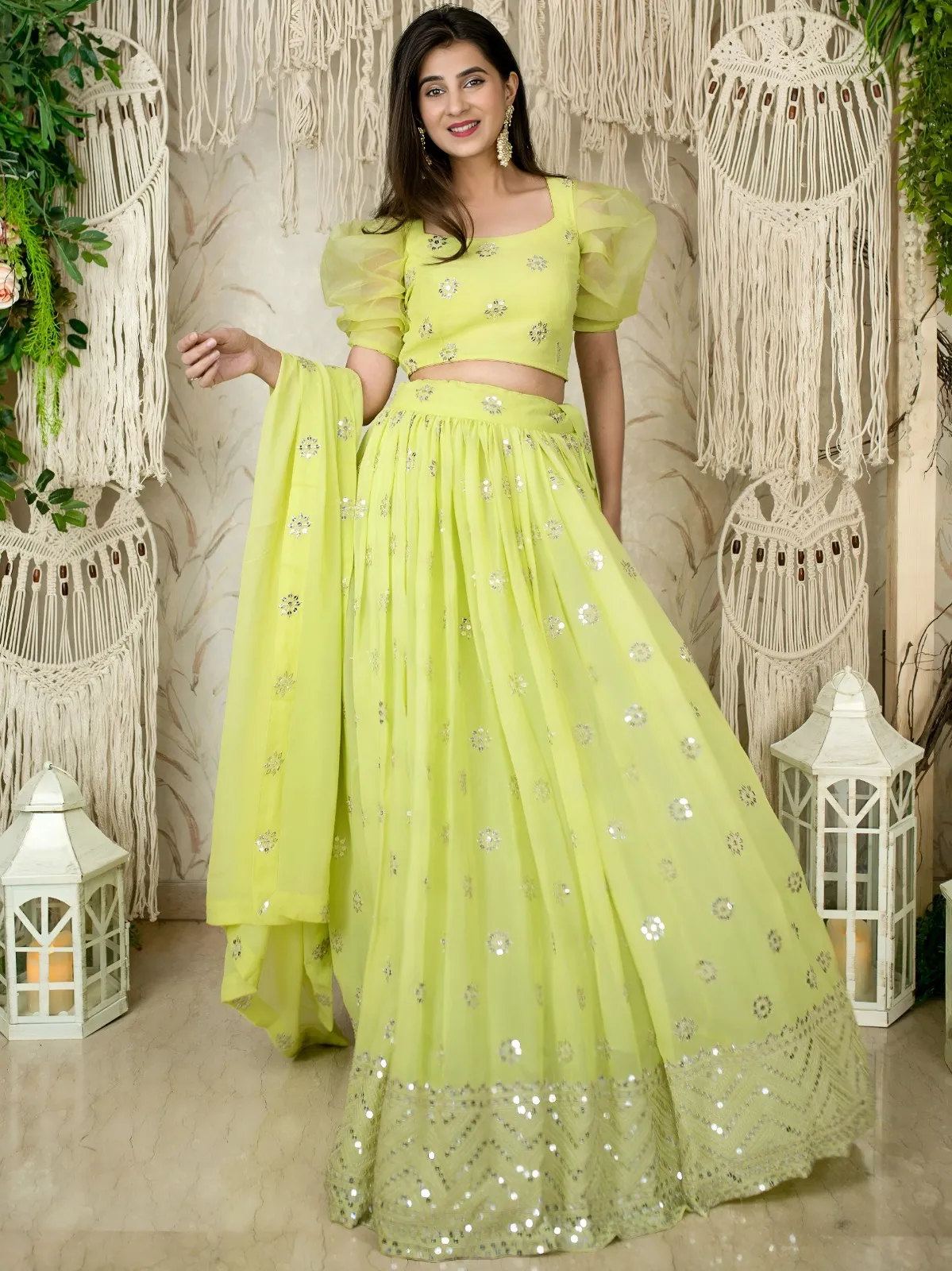 Lime Green Sequins Embroidered Lehenga with Puff Sleeve