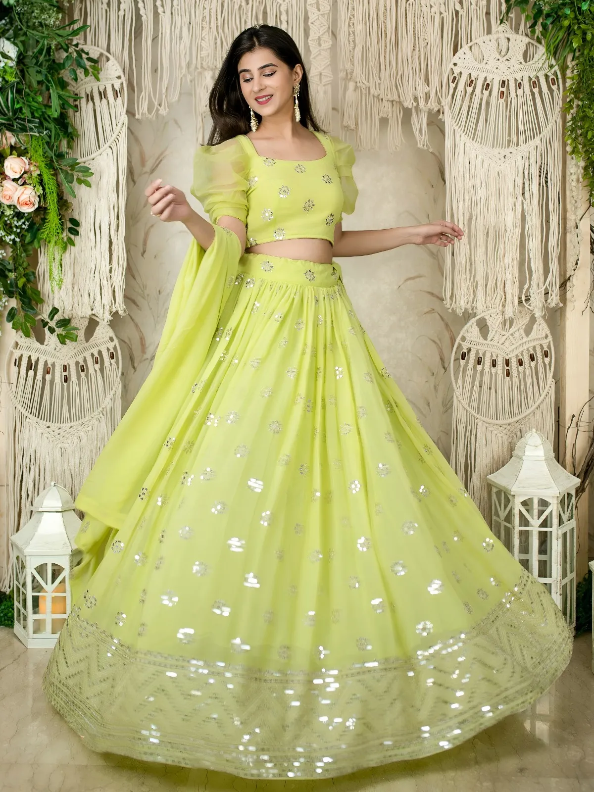 Lime Green Sequins Embroidered Lehenga with Puff Sleeve