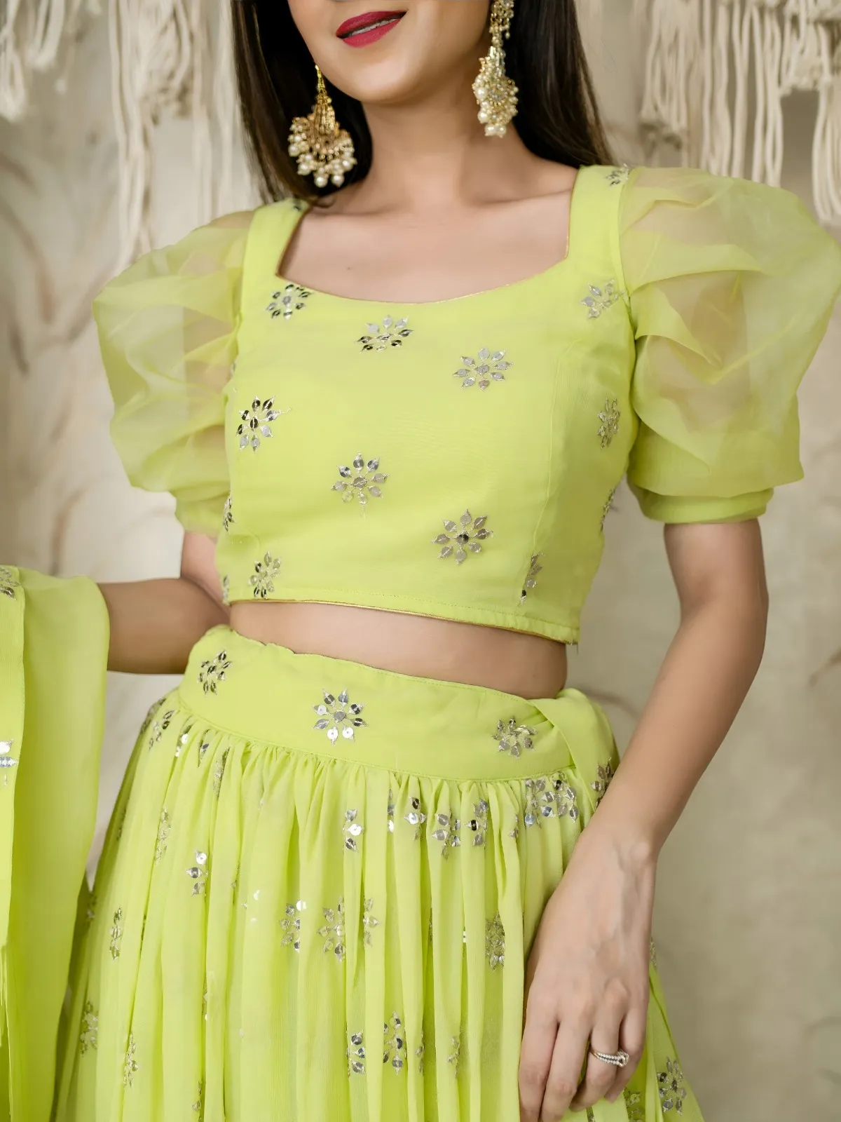 Lime Green Sequins Embroidered Lehenga with Puff Sleeve
