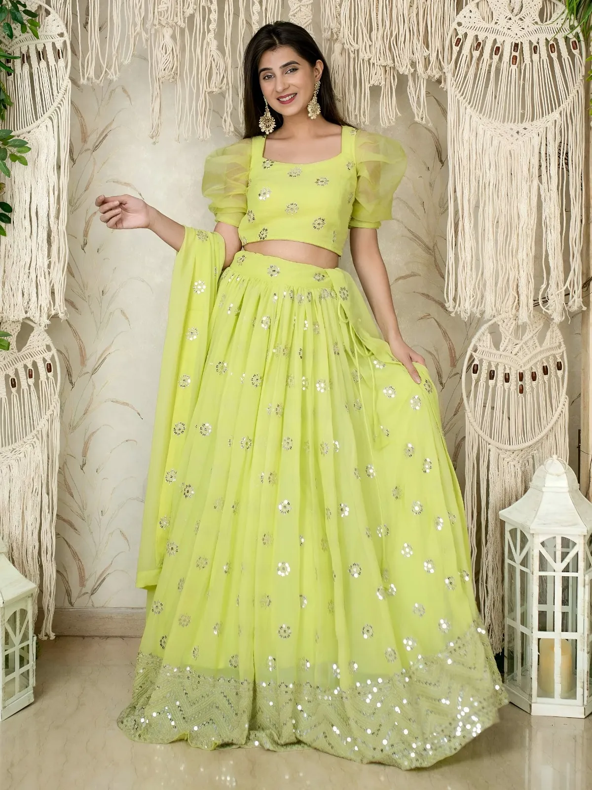 Lime Green Sequins Embroidered Lehenga with Puff Sleeve