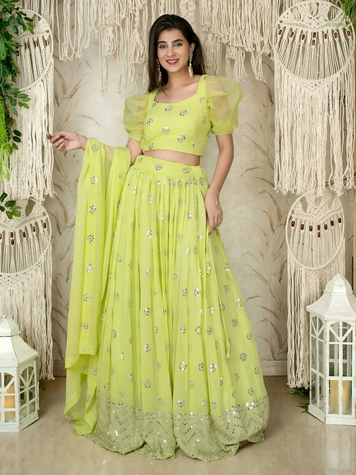 Lime Green Sequins Embroidered Lehenga with Puff Sleeve