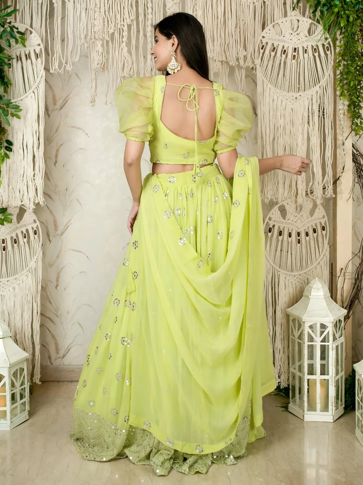 Lime Green Sequins Embroidered Lehenga with Puff Sleeve
