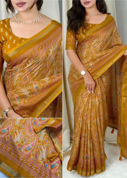 Mustard Ajrakh Printed Saree for Haldi function