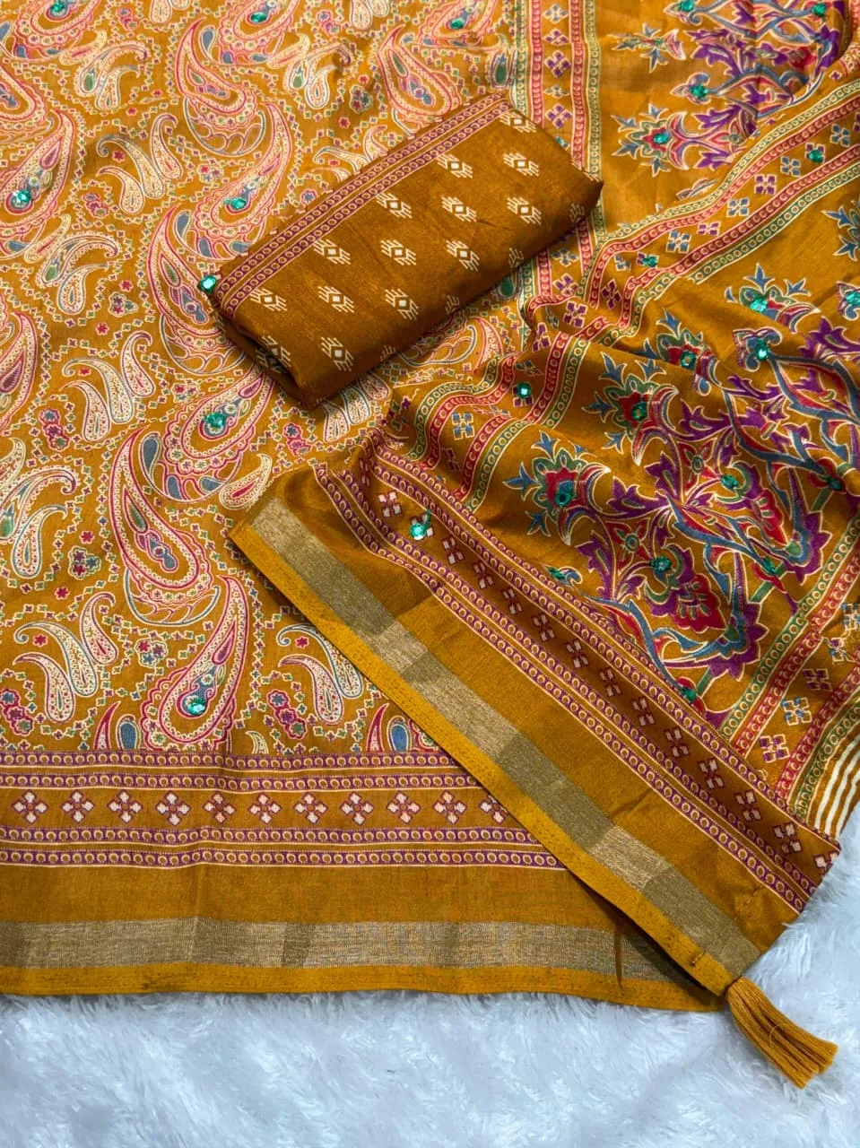 Mustard Ajrakh Printed Saree for Haldi function